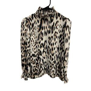 Worthington Leopard Print High-Neck Blouse Ruffle Trim Smocked Cuffs Size Small